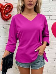 Blusa dama mujer top manga 3/4 cuello v femenino ligera comoda dia noche fiesta cena salida vacaciones trabajo oficina escuela ciudad sofisticada moderna - Rosa Fucsia - Ver 3