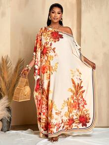 BIUBIU Women's Plus Size Orange Floral Elegant One-Shoulder Loose Long Robe Dress Casual Vacation Fashion Maxi Dress - Apricot Orange - View 5