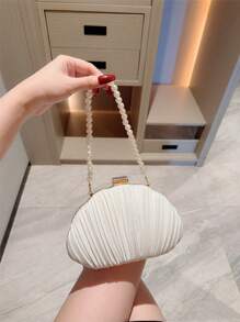 1pc Elegant Pleated Box Design Clutch Bag, Faux Pearl Decor, Formal Handbag For Wedding, Party, Prom, Evening Dress, Chain Strap Square Bag - White - View 3