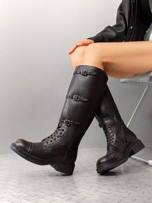 Women's Motorcycle Boots Side Zipper Knee High Boots Square Toe Chunky Low Heel Buckle Decorated Straps Fashion Retro Riding Boots - 巧克力棕 - 查看 9