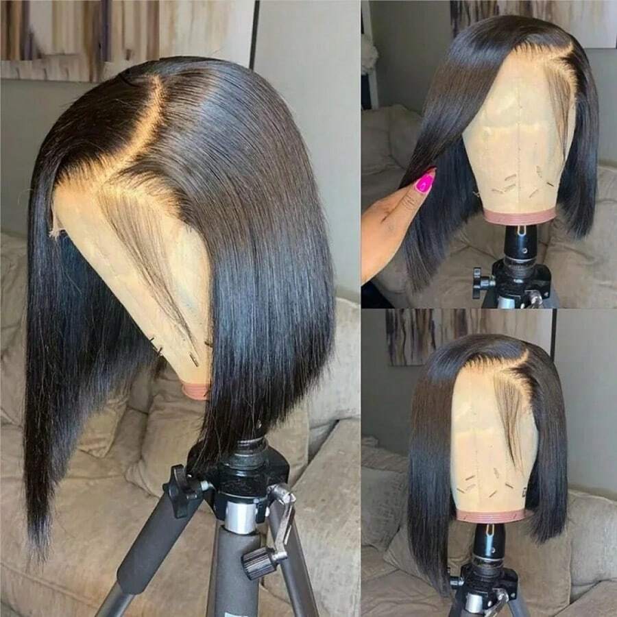 Easy-To-Wear Glueless Bob Wig - 200% Density Human Hair With Pre-Plucked 4x4 HD Lace Closure Front Wigs, Straight Cut For Beginners, Women's Sleek Black Bob Style, Short Hair Wig - Natural Black - 查看 1