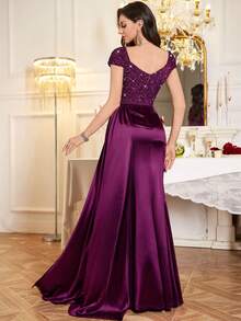 MIUSOL Sequin Floral Lace Draped Side Asymmetrical Hem Satin Formal Party Maxi Dress, For Wedding Guest, Graduation, Dinner