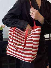 双面复古风格条纹帆布手提包，女士大容量条纹帆布手提包 - 时尚单肩包，适合旅行和购物，鲜艳的红白条纹，宽敞，多功能，可手洗 - 无封口，日常手提包，休闲日常手提包，购物手提包|休闲时尚包|条纹图案包，沙滩配饰|镂空设计 - 彩色 - 查看 4