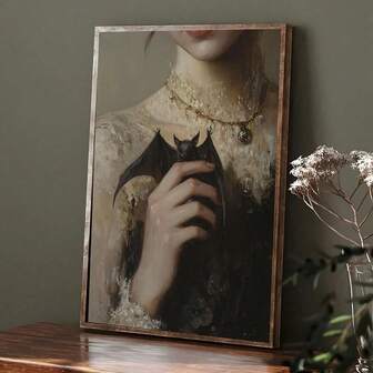 1 件可选框架复古黑暗哥特式蝙蝠海报、带蝙蝠的女孩油画、防水帆布壁画、礼品壁画、客厅、卧室、浴室、办公室、走廊、厨房家居装饰万圣节装饰秋季装饰房间装饰。