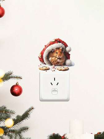 Christmas Mouse Eating Cookie Wall Sticker, Home Decor Switch Sticker, Holiday Party Decoration