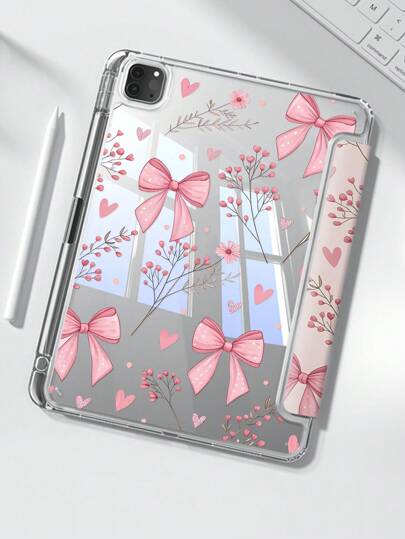 The Beautiful And Cute Cartoon Pink Flower, Grass, Bow And Letter Double-Sided Painted Acrylic Transparent Crystal Back Cover Is Shockproof And Suitable For IPad 7th Generation, 8th Generation (10.2 Inches), And 10th Generation. It Has A Built-In Pen Slot And Supports Sleep And Wake-Up Functions/Multiple Folding Stand Methods. These Are Festival Gifts And New Year Gifts