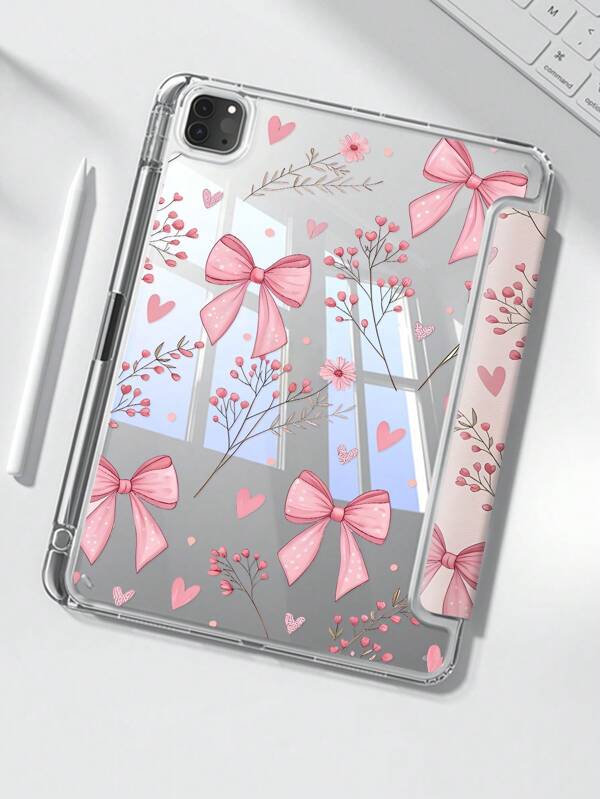 The Beautiful And Cute Cartoon Pink Flower, Grass, Bow And Letter Double-Sided Painted Acrylic Transparent Crystal Back Cover Is Shockproof And Suitable For IPad 7th Generation, 8th Generation (10.2 Inches), And 10th Generation. It Has A Built-In Pen Slot And Supports Sleep And Wake-Up Functions/Multiple Folding Stand Methods. These Are Festival Gifts And New Year Gifts