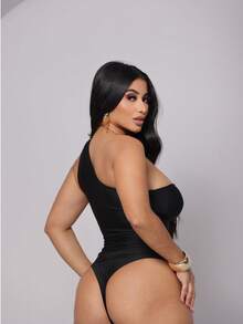 WOMEN'S BODYSUIT ONE SHOULDER SO ELEGANT  BUCKLE Simple Elegant Cotton Wrinkled Hollow / Cut Birthday Party SUMMER - màu đen - Xem 3