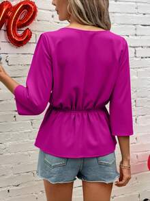Blusa dama mujer top manga 3/4 cuello v femenino ligera comoda dia noche fiesta cena salida vacaciones trabajo oficina escuela ciudad sofisticada moderna - Rosa Fucsia - Ver 2
