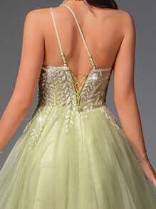 VIPGIRL Mint Green Sequin Sheer Asymmetric Formal Evening Gown, High Slit Design, Shiny Formal Maxi A-Line Prom Dress, Suitable For Women, Formal Occasions, Bridesmaids, Pageants, Wedding Guests - Lime Green - View 12