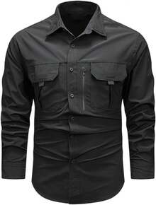Men's Shirt With Multiple Pockets, Quick-Drying And Breathable, Suitable For Outdoor Hiking And Mountaineering; Simple Solid-Color Men's Shirts, Suitable For Spring, Summer, And Autumn Wear. - Negro - Ver 1