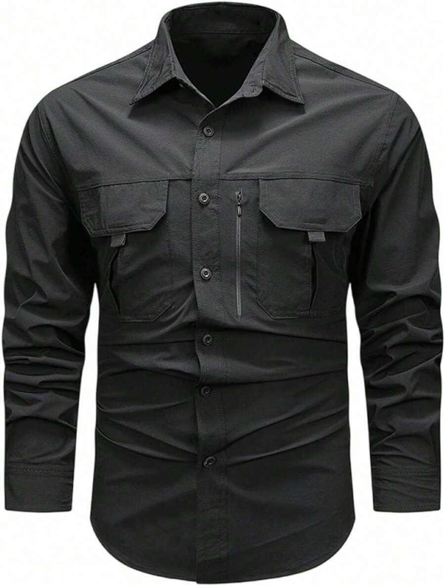 Men's Shirt With Multiple Pockets, Quick-Drying And Breathable, Suitable For Outdoor Hiking And Mountaineering; Simple Solid-Color Men's Shirts, Suitable For Spring, Summer, And Autumn Wear. - Negro - Ver 1