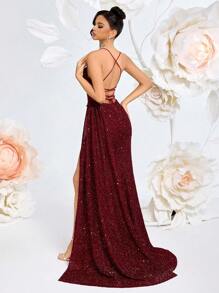 ADYCE Robe à bretelles fines, encolure en V, patchwork de résille pailletée, taille haute, avec ceinture à nouer, dos nu, fendu, convient pour le bal de promo, la soirée