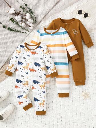 3pcs Baby Boy Striped Dinosaur Print Long Sleeve Jumpsuit Set, Fashionable & Cute, Suitable For Casual Everyday Wear, Spring/Autumn/Winter
