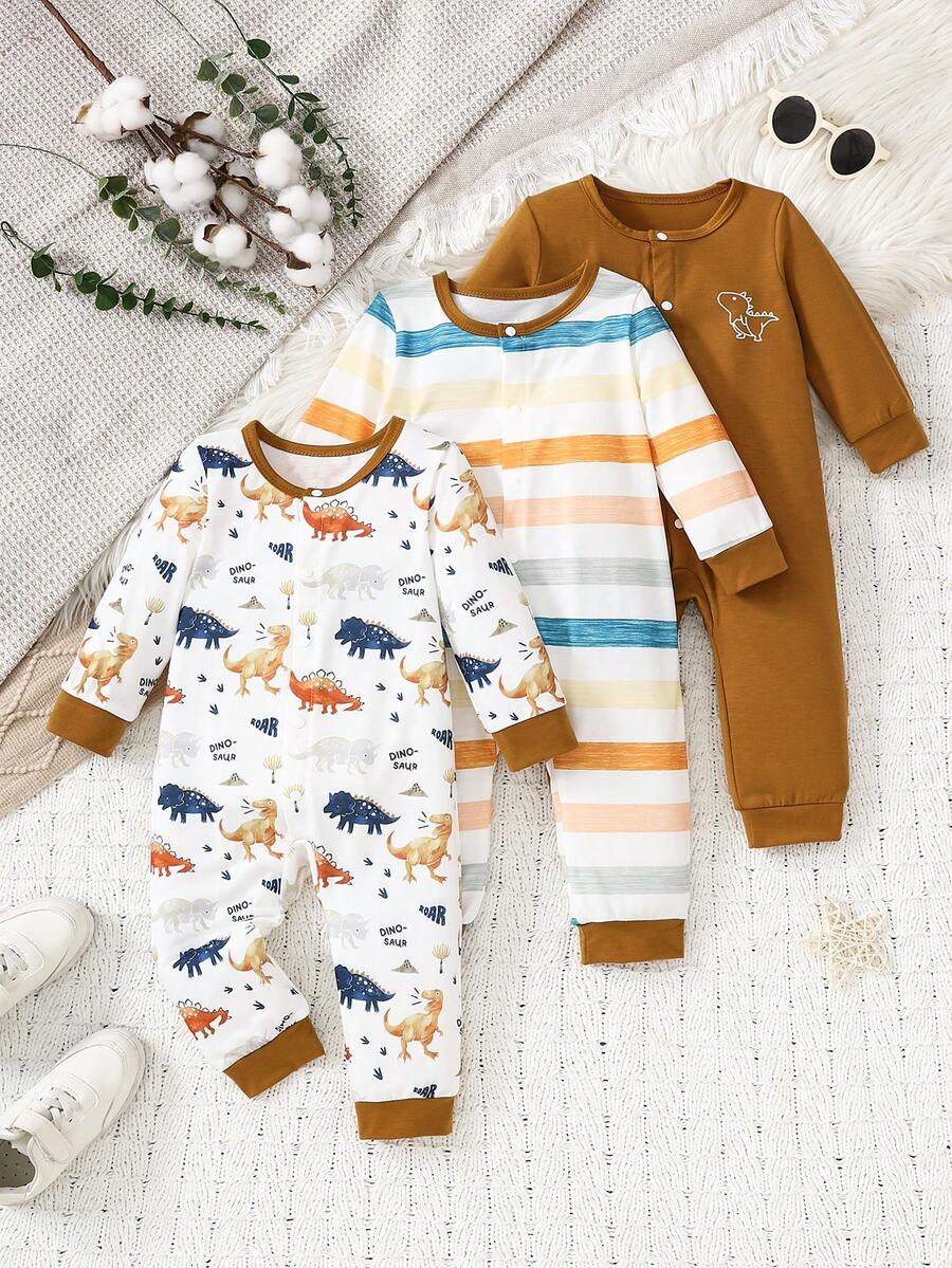 男婴条纹恐龙印花长袖连体衣三件套，时尚可爱，适合日常休闲穿着，春秋冬三季皆宜。