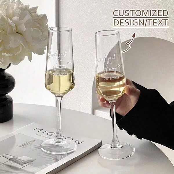 Personalized Champagne Flute Glass – Custom Name, Date & Colored Design – Vinyl Decal Toasting Glass For Wedding, Anniversary, Engagement, Proposal, Or Romantic Gift – Available As Single Or Set Of 2 – Bride & Groom Gift, His And Hers Couple Glasses – Elegant Custom Champagne Glass For Valentine's Day, Birthday, Bridal Shower – Unique Wedding Favor Or Keepsake For Mr & Mrs, Newlyweds, Or Bachelorette Party,Brunch-Ready,Xmas Decoration,For Housewarming
