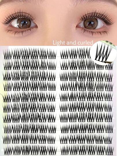 120 peças de cílios postiços naturais leves e cacheados, cílios postiços desleixados com aparência natural, cílios de vison 3D, segmento de desenho animado com borlas, ideal para iniciantes