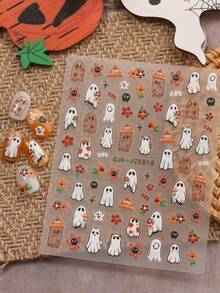 2片可爱卡通万圣节美甲浮雕贴纸 - 幽灵、南瓜、蜘蛛、小精灵和花朵图案，女士自粘美甲贴，5D立体浮雕效果，可爱、有趣、卡通主题，易于粘贴，可用于美甲装饰、DIY、节日礼物、派对美甲 - 彩色 - 查看 5