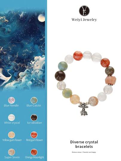  [VE] 1pc High-Quality S925 Silver Multi-Charm Crystal Bracelet, Featuring Natural Lapis Lazuli, Angel Wings, Wealth Attracting Crystals Like White Quartz, Yellow Amber, Super Seven, Blue Calcite, Sunstone, Red Amber, Orange Moonstone. Suitable For Self, Bestie, Girlfriend, Friend, Mom. Jewelry Color Assorted.