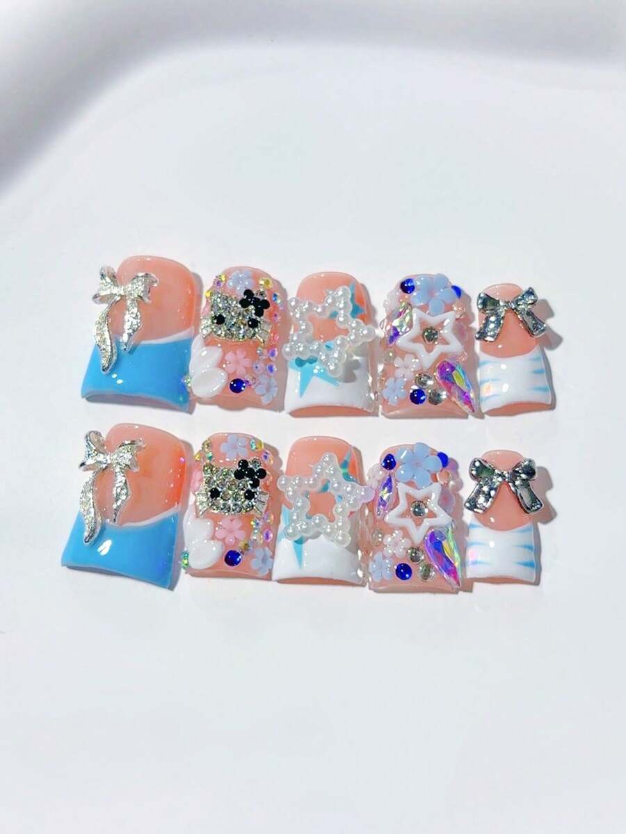 10pcs Y2K Cute Nails Duckbill Shape Blue & White French Handmade Press On Nails, Back To School, White Pearl Star, French Tip, Silver Bow, Blue & White Patterns, 3D Flowers, Full Coverage Decoration; Nail Supplies, Acrylic Press On Nails Homemade Nails DIY, Nail Art, Acrylic False Nails; Suitable For Vacation, Birthday, Parties, Daily Wear; Includes 1pc Nail Sticker & 1pc Mini File - Blue and White - View 1