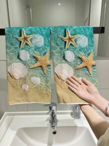 2pcs 400gsm Thick Super Soft Microfiber Starfish & Shell Printed Modern Minimalist Design Water-Absorbing Non-Shedding 17.7"X27.6" Rectangular Towels, Versatile For Kitchen, Bathroom, Living Room, Bedroom, Great Gift For Parents And Friends