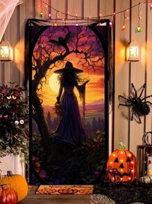 1 pezzo Decorazione per porta di Ognissanti a forma di strega - Elegante sagoma di strega in stile vetro colorato, realizzata in poliestere adatta per interno/esterno, adatta per feste di Ognissanti e decorazioni inquietanti per la casa