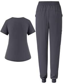 Women's Matte Running Elastic Nurse Uniform, Scrub Surgical Gown With Pockets, Breathable, Anti-Pilling And Anti-Static, 2pcs/Set, Nursing Clothes - Grey - View 2