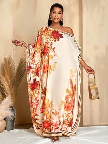 BIUBIU Women's Plus Size Orange Floral Elegant One-Shoulder Loose Long Robe Dress Casual Vacation Fashion Maxi Dress - Apricot Orange - View 3