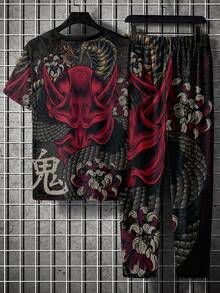 Men's Printed Short Sleeve & Pants Set, All Season - Red - View 5