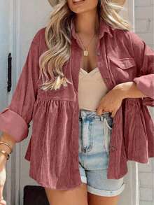 Chaqueta de pana rojo vino talla grande para mujer, diseño con bolsillo delantero, chaqueta camisa casual, hombros caídos, adecuada para uso diario y vacaciones, otoño/invierno