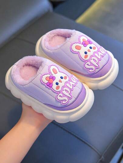 زوج من الأحذية الكرتونية المبطنة بالفرو للأطفال، ذات قاع سميك من فرو الأرنب للأولاد والبنات، للأطفال الصغار/الأطفال الصغار/الأطفال الكبار، للخريف/الشتاء