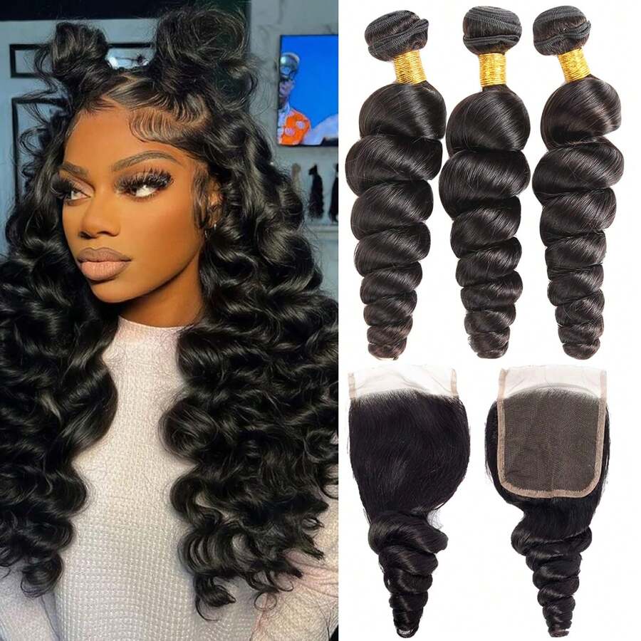 MENALUE Brazilian Loose Wave Hair Bundles With Closure (14 16 18 +12) 3 Bundles With 4x4 Lace Closure Free Part Virgin Remy Hair Brazilian Weave Human Hair Loose  Wave Human Hair Extensions - Natural Black - Xem 1
