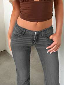 Jeans vintage para mujer de talle alto con abotonadura, corte slim, desgastados, informales, sexy y con estilo - Gris Oscuro - Ver 9