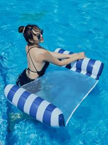 1 Peça Espreguiçadeira Inflável Listrada Dobrável de 4 Tubos com Rede, Rede Inflável, Flutuador de Piscina