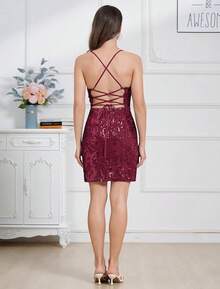 Sequin Homecoming Dresses Teens Women Sparkly Strap Bodycon Cocktail Party Night Prom Dress Vestidos De Fiesta ElegantesHalloween Christmas New Year - 紫紅色 - 查看 3