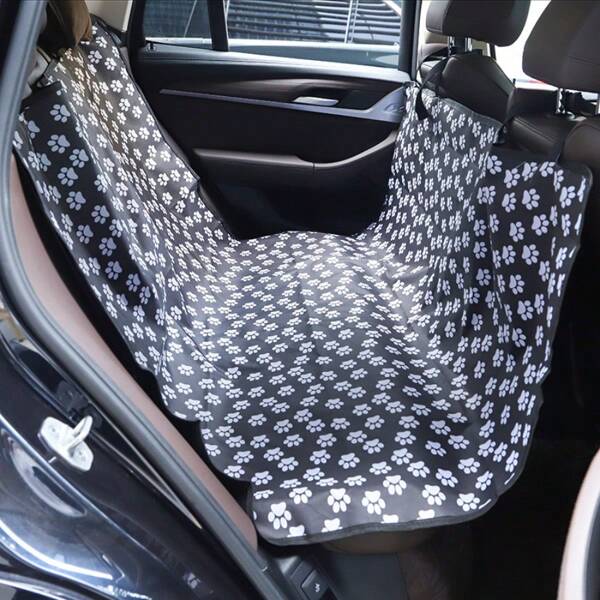 1pc Paw Print Pattern Pet Car Mat Black Polyester Taffeta Waterproof Pet Seat Cover For Car Rear Seat - Anti-Dust & Shedding Dog Outing Dog Stuff