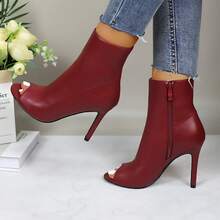 Womens Peep Toe Stiletto Booties Side Zipper High Heel Open Toe Ankle Boots CHARLIE-212 - 葡萄酒 - 查看 2