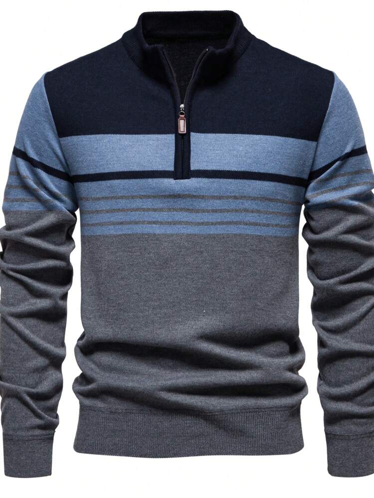 Camisa Polo Masculina Listrada com Zíper Parcial, Manga Longa Casual Solta Retalhos Diária com Zíper Parcial, Suéter Tricotado Fino, Estilo Minimalista Colorblock - Azul - Visão 1