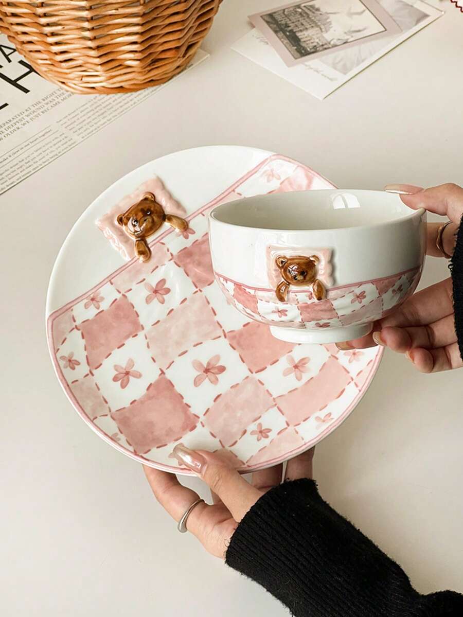 Cute Checkered Bear Covered Ceramic Dinnerware Set, Pink Girly Breakfast Bowl & Plate - Multicolor - View 1