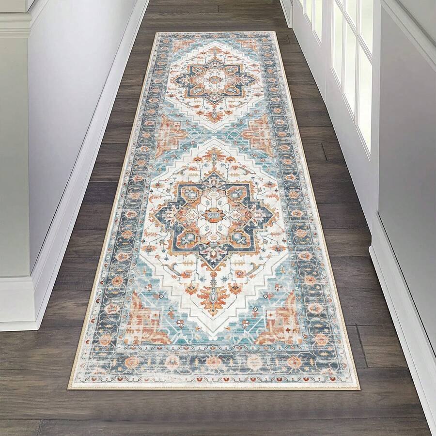 Pauwer Hallway Runner Rug Washable Rugs Runner Non Slip Carpet Runner Boho Farmhouse Vintage Throw Area Rugs Floor For Kitchen Laundry Room Entryway Bedroom Bathroom - 藍色 - 查看 1