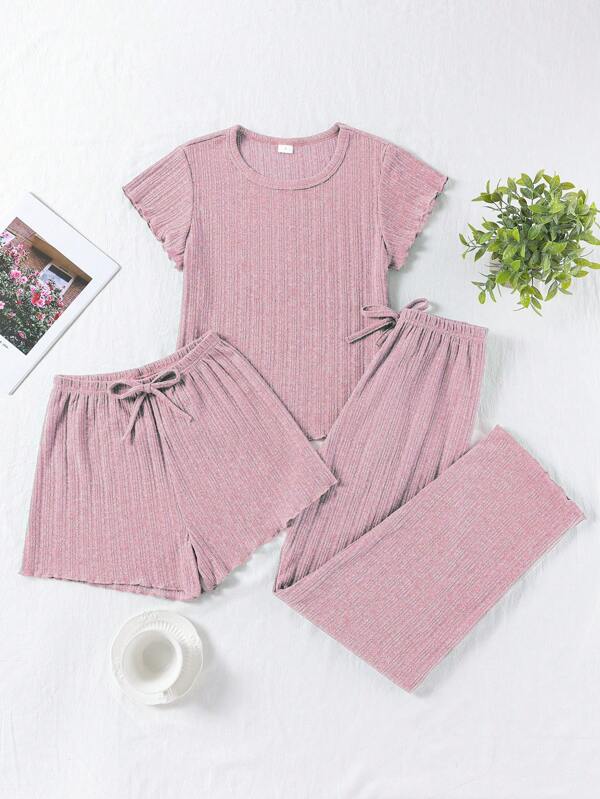 Women's 3 Pieces Lounge Set, Ribbed Knit Short Sleeve Top Matched With Drawstring Shorts And Pants, Fashionable, Lightweight For Spring/Summer, Fall Winter Clothes, Cozy Outfit