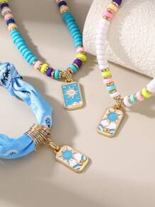 1/3pcs Set Funky Jewelry Luxurious Colorful Stone Beaded Sun Shaped Alloy Pendant Necklace, Versatile For Daily And Party Wear, Random Color Beads