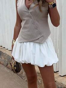 Women Y2K Bubble Skirt High Waist Solid Color Ruffle Hem A Line Pleated Mini Short Skirt Teen Girls Balloon Puffy Short Skirts Streetwear - 白色 - 查看 7