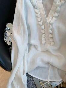 Blusa unicolor de manga larga con botones, elegante y romántica, estilo retro casual para vacaciones