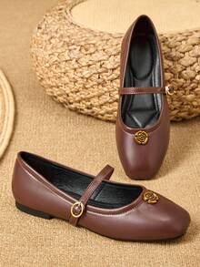 Women's Mary Jane Flat Shoes - Vibrant Brown Faux Leather, Soft Rubber Sole And Padded PU Insole - Comfortable Office And Casual Shoes, Suitable For All-Day Wear In Winter, Women's Flats, New, Fashionable, Minimalist, Slip-On, Glossy - Small Gold Flower Style, Ideal Gift For Valentine's Day, Mother's Day, Weddings, Parties, Office And More - màu nâu - Xem 3