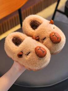 1 Pair Kids Cartoon Style Cute Thick Warm Indoor Slippers With Heel, Suitable For Boys And Girls, Autumn/Winter