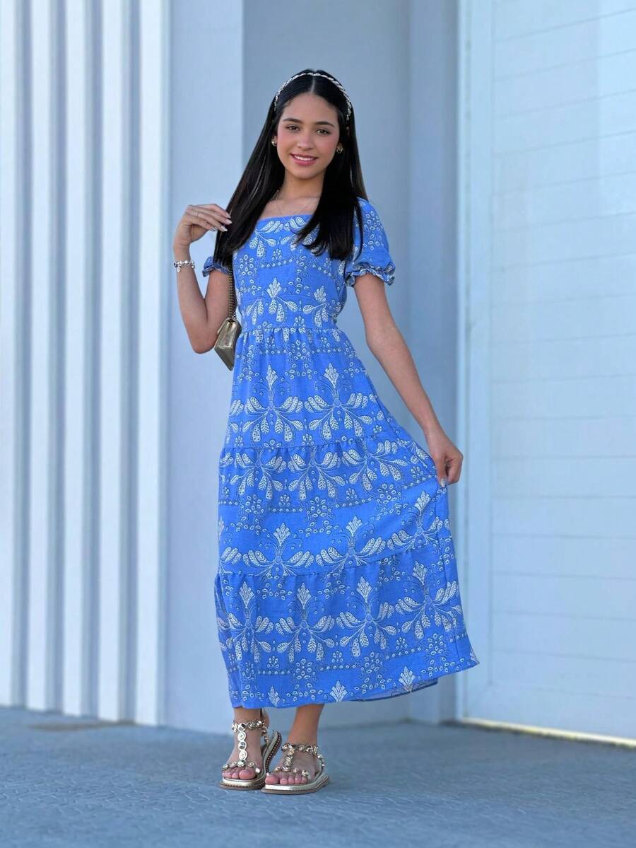 Long Youth Dress Modern Fashion In Lesse Print - Blue - View 1