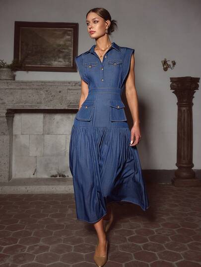 Sollinarry Women's Autumn New Denim-Like Sleeveless Pleated Pocket Dress, Office Outfits For Women, Teacher Outfits For Women