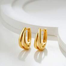 1 Đôi bông tai hình chữ U tối giản, hình học bất đối xứng, mạ vàng 18K và bạc, kiểu dáng trơn bóng, kèm bông tai vòng đan chéo hai màu đa năng. - bông tai - Xem 3