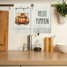 Un set de 2 bucăți de prosoape cu tematică de toamnă de Ziua Recunoștinței, concepute cu prosoape imprimate cu model de dovleac și frunze de arțar, lavabile la mașină, rezistente la căldură, absorbante și reutilizabile, potrivite pentru decorarea camerei, prosoape de bucătărie și baie, decorarea petrecerilor, decorarea casei, fiind un cadou ideal pentru toamnă și Ziua Recunoștinței. - Multicolor - Vizualizare 5